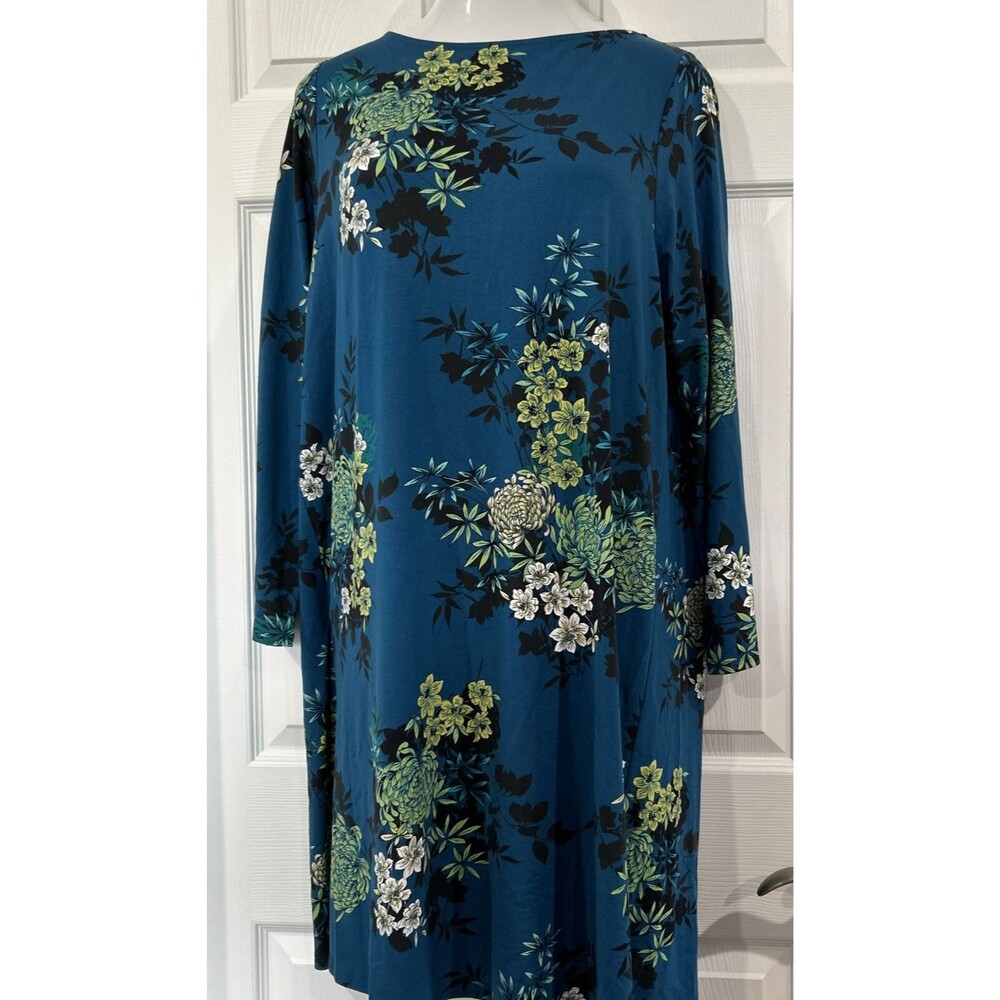 J. Jill Wearever Collection Rayon Stretch Knit Shift Dress Teal Floral Womens XL